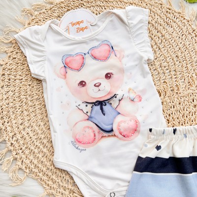 Conj. Body Ursinha com Óculos e Saia - Off White e Azul